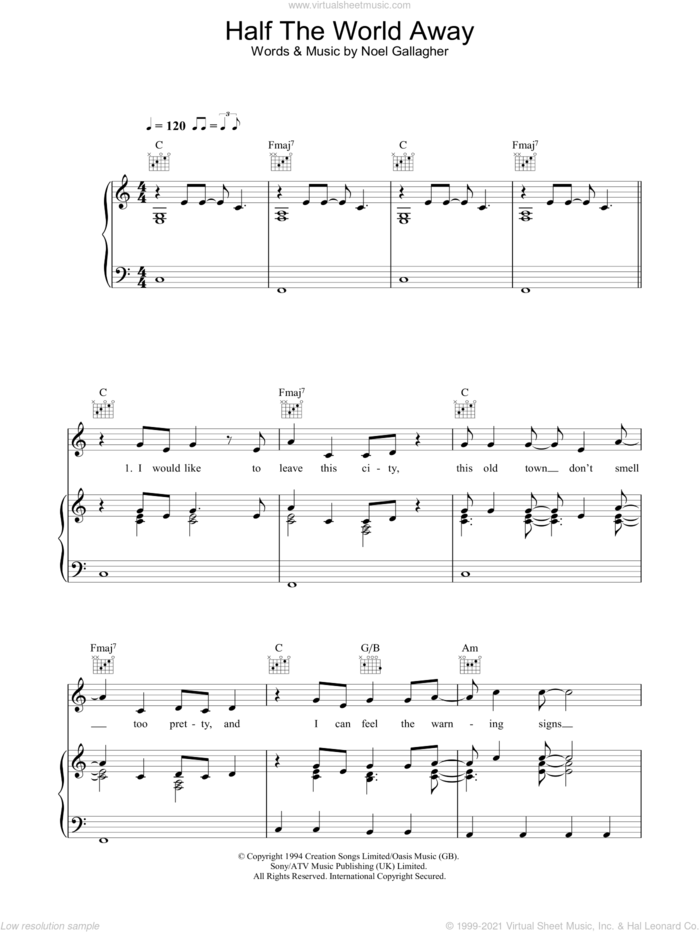 Half The World Away sheet music for voice, piano or guitar by Oasis and Noel Gallagher, intermediate skill level