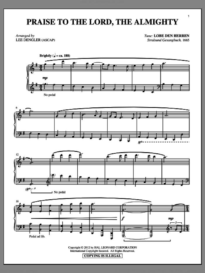Praise To The Lord, The Almighty sheet music for piano solo by Joachim Neander, Lee Dengler and Catherine Winkworth, intermediate skill level