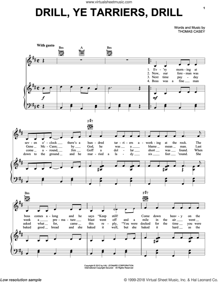 Drill Ye Tarriers sheet music for voice, piano or guitar by Thomas Casey, intermediate skill level