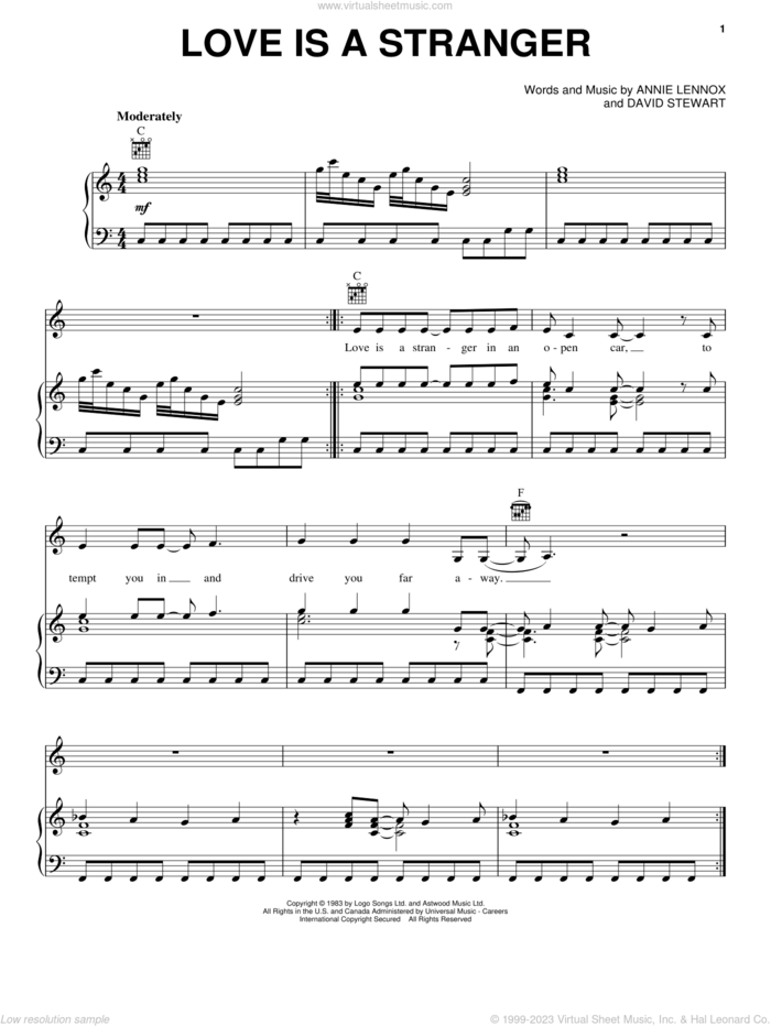 Love Is A Stranger sheet music for voice, piano or guitar by Eurythmics, Annie Lennox and Dave Stewart, intermediate skill level