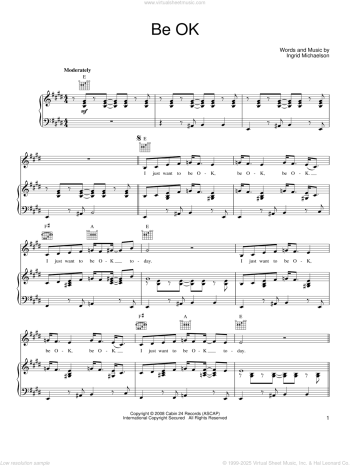 Be OK sheet music for voice, piano or guitar by Ingrid Michaelson, intermediate skill level