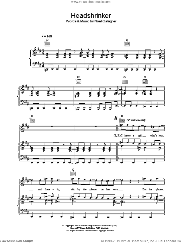 Headshrinker sheet music for voice, piano or guitar by Oasis and Noel Gallagher, intermediate skill level