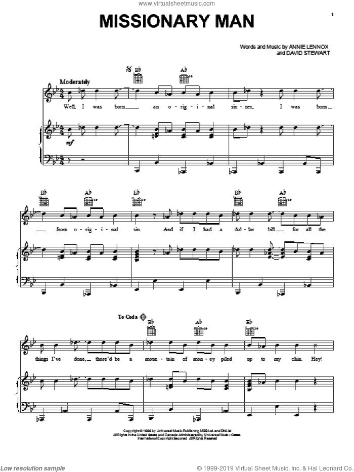 Missionary Man sheet music for voice, piano or guitar by Eurythmics, Annie Lennox and Dave Stewart, intermediate skill level