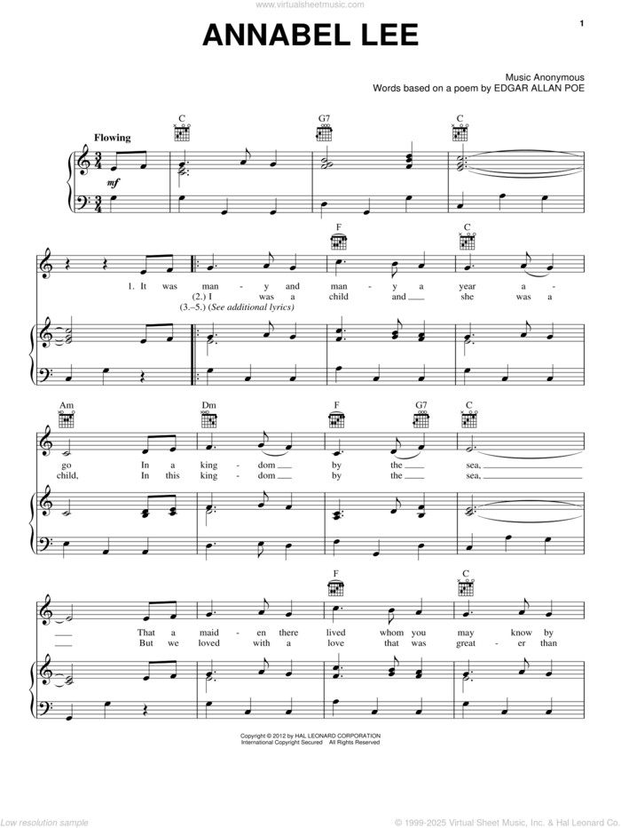 Annabel Lee sheet music for voice, piano or guitar, intermediate skill level