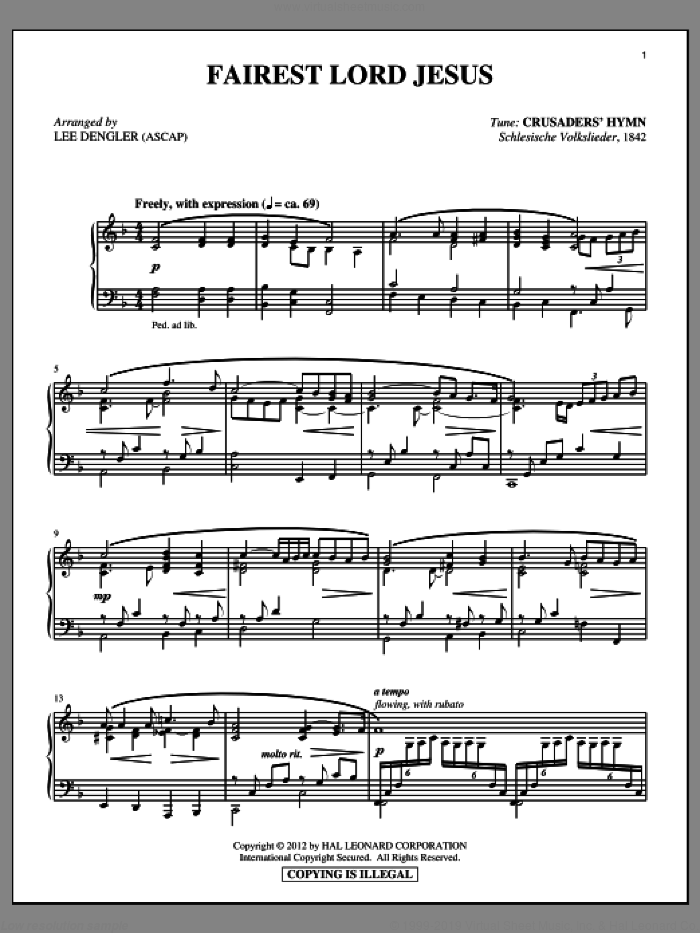 Fairest Lord Jesus sheet music for piano solo by Munster Gesangbuch, Lee Dengler and Joseph August Seiss, intermediate skill level