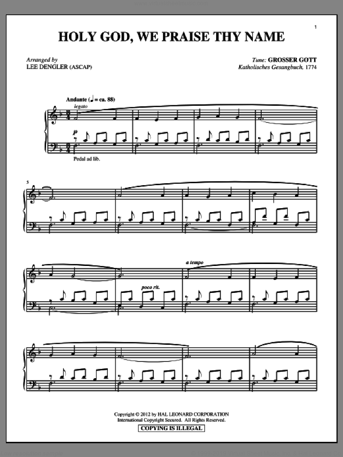 Holy God, We Praise Thy Name sheet music for piano solo by Ignaz Franz, Lee Dengler, Clarence Walworth and Katholisches Gesangbuch, intermediate skill level