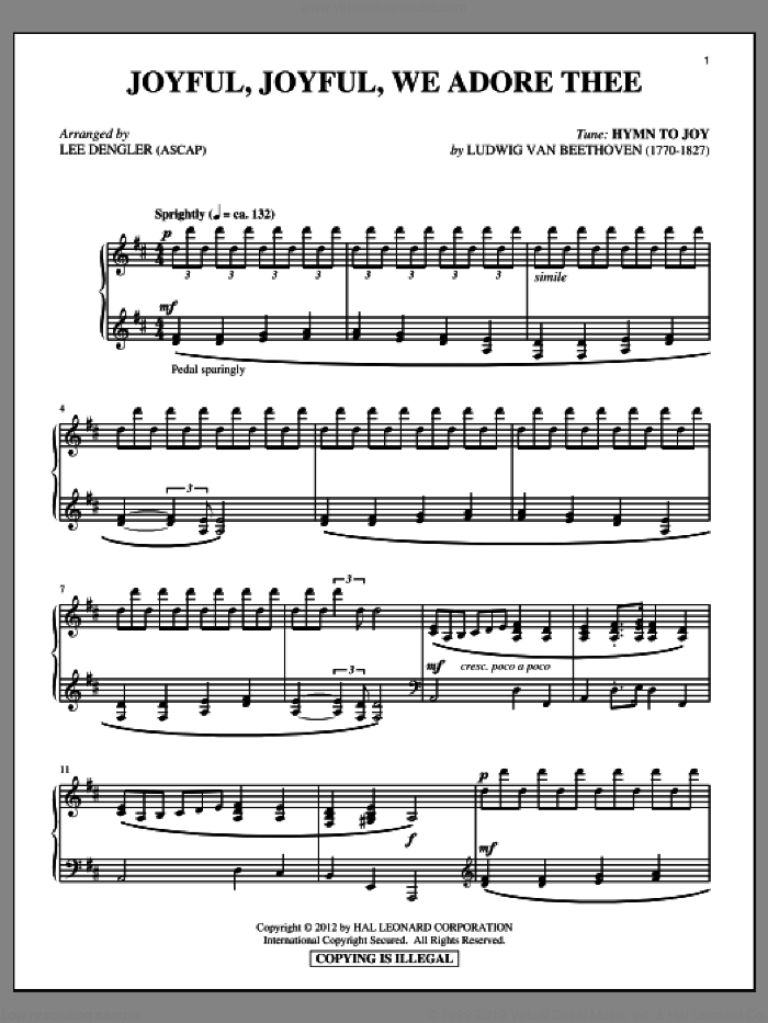 Joyful, Joyful, We Adore Thee sheet music for piano solo by Ludwig van Beethoven, Lee Dengler and Henry van Dyke, classical wedding score, intermediate skill level
