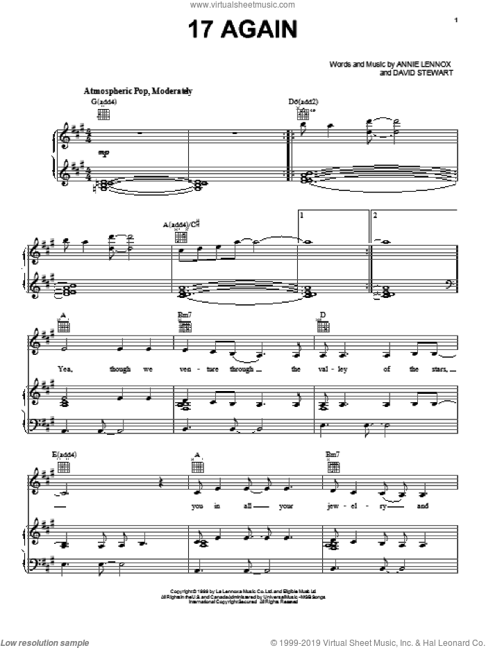 17 Again sheet music for voice, piano or guitar by Eurythmics, Annie Lennox and Dave Stewart, intermediate skill level