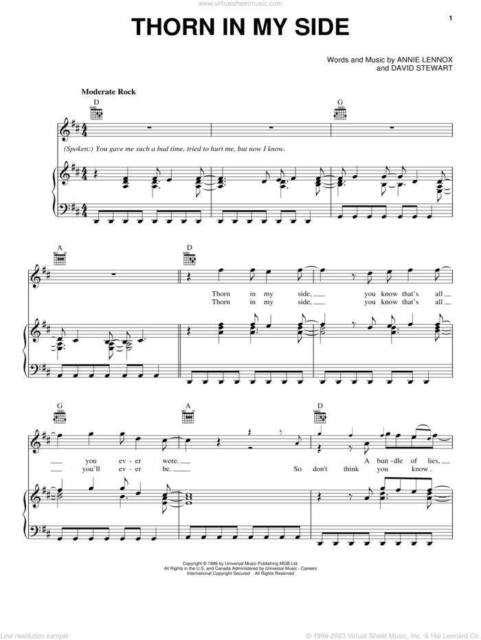 Thorn In My Side sheet music for voice, piano or guitar by Eurythmics, Annie Lennox and Dave Stewart, intermediate skill level