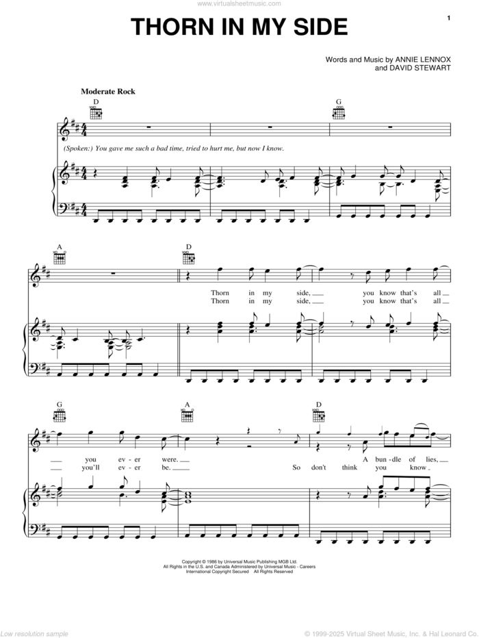 Thorn In My Side sheet music for voice, piano or guitar by Eurythmics, Annie Lennox and Dave Stewart, intermediate skill level