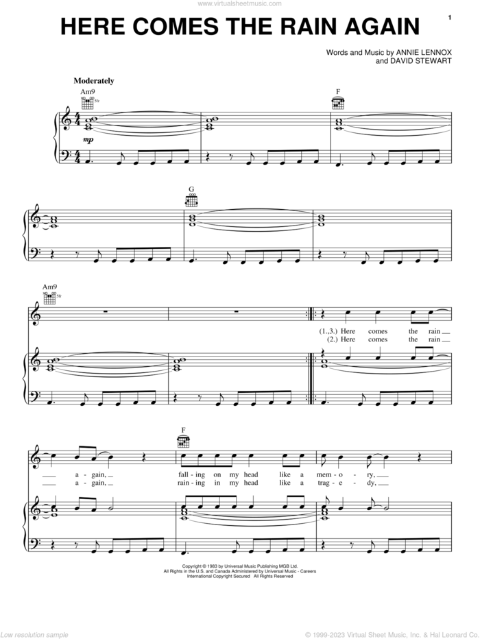 Here Comes The Rain Again sheet music for voice, piano or guitar by Eurythmics, Annie Lennox and Dave Stewart, intermediate skill level