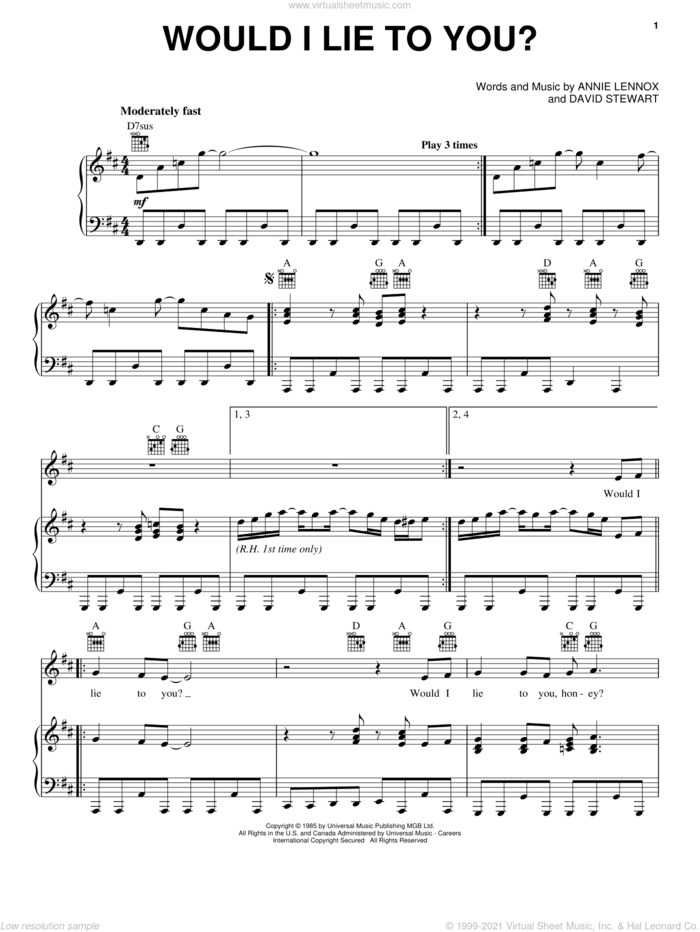 Would I Lie To You? sheet music for voice, piano or guitar by Eurythmics, Annie Lennox and Dave Stewart, intermediate skill level