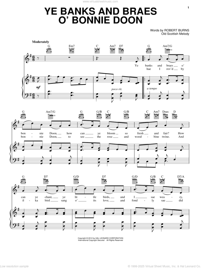 Ye Banks And Braes O' Bonnie Doon sheet music for voice, piano or guitar by Robert Burns, intermediate skill level