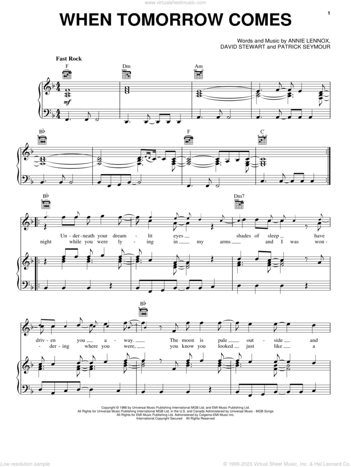 When Tomorrow Comes sheet music for voice, piano or guitar by Eurythmics, Annie Lennox, Dave Stewart and Patrick Seymour, intermediate skill level