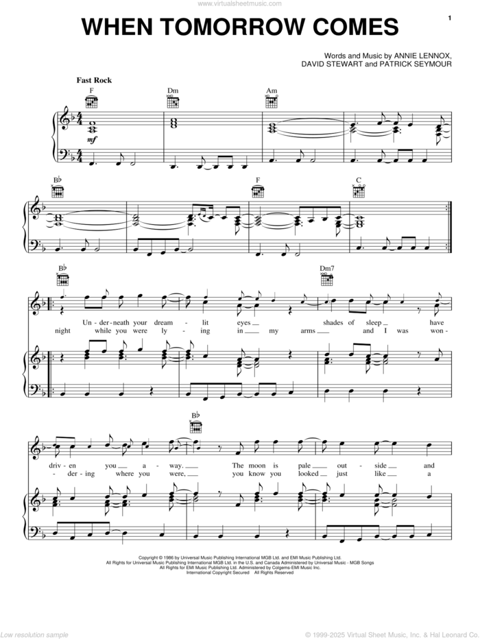 When Tomorrow Comes sheet music for voice, piano or guitar by Eurythmics, Annie Lennox, Dave Stewart and Patrick Seymour, intermediate skill level