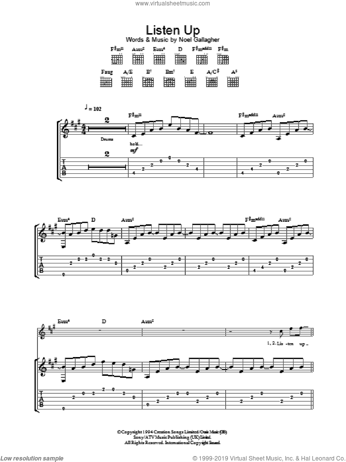 Listen Up sheet music for guitar (tablature) by Oasis and Noel Gallagher, intermediate skill level