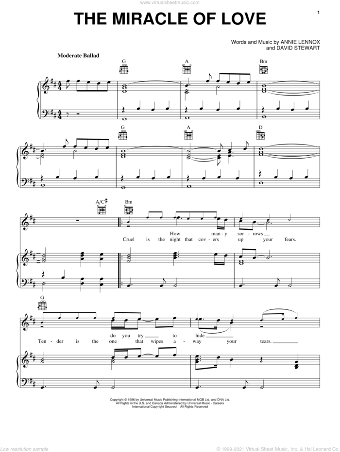 Miracle Of Love sheet music for voice, piano or guitar by Eurythmics, Annie Lennox and Dave Stewart, intermediate skill level