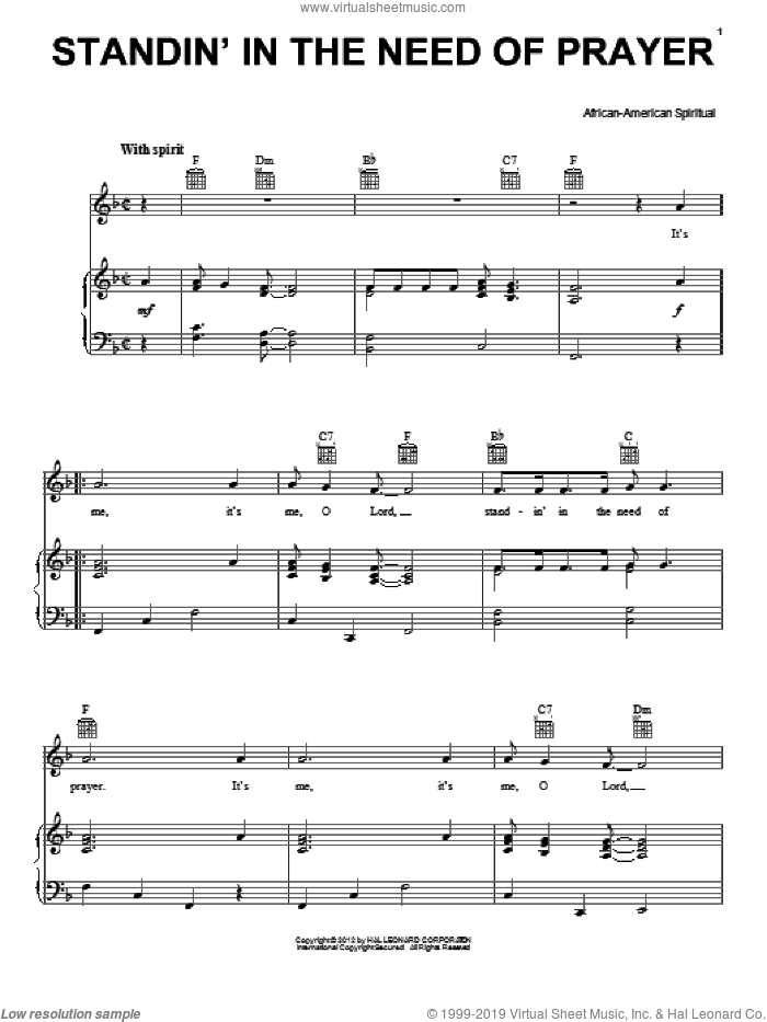 Standin' In The Need Of Prayer sheet music for voice, piano or guitar, intermediate skill level