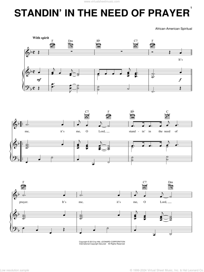 Standin' In The Need Of Prayer sheet music for voice, piano or guitar, intermediate skill level