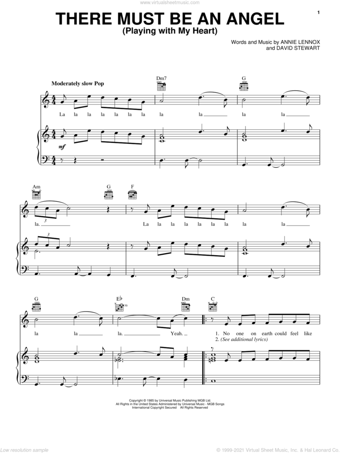 There Must Be An Angel (Playing With My Heart) sheet music for voice, piano or guitar by Eurythmics, Annie Lennox and Dave Stewart, intermediate skill level
