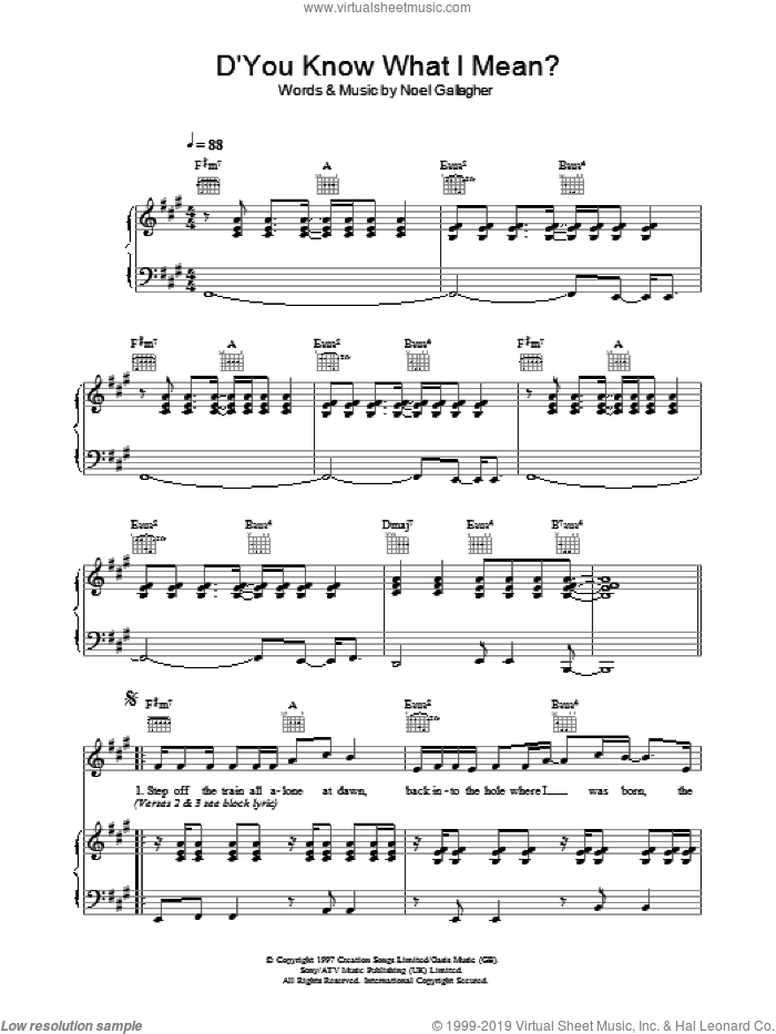 D'You Know What I Mean? sheet music for voice, piano or guitar by Oasis and Noel Gallagher, intermediate skill level