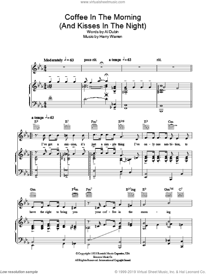 Coffee In The Morning (And Kisses In The Night) sheet music for voice, piano or guitar by Harry Warren, Al Bowlly and Al Dubin, intermediate skill level