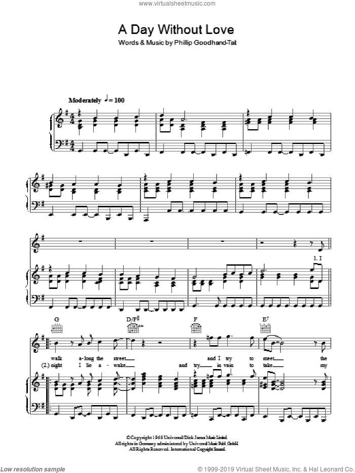 A Day Without Love sheet music for voice, piano or guitar by The Love Affair and Phillip Goodhand-Tait, intermediate skill level