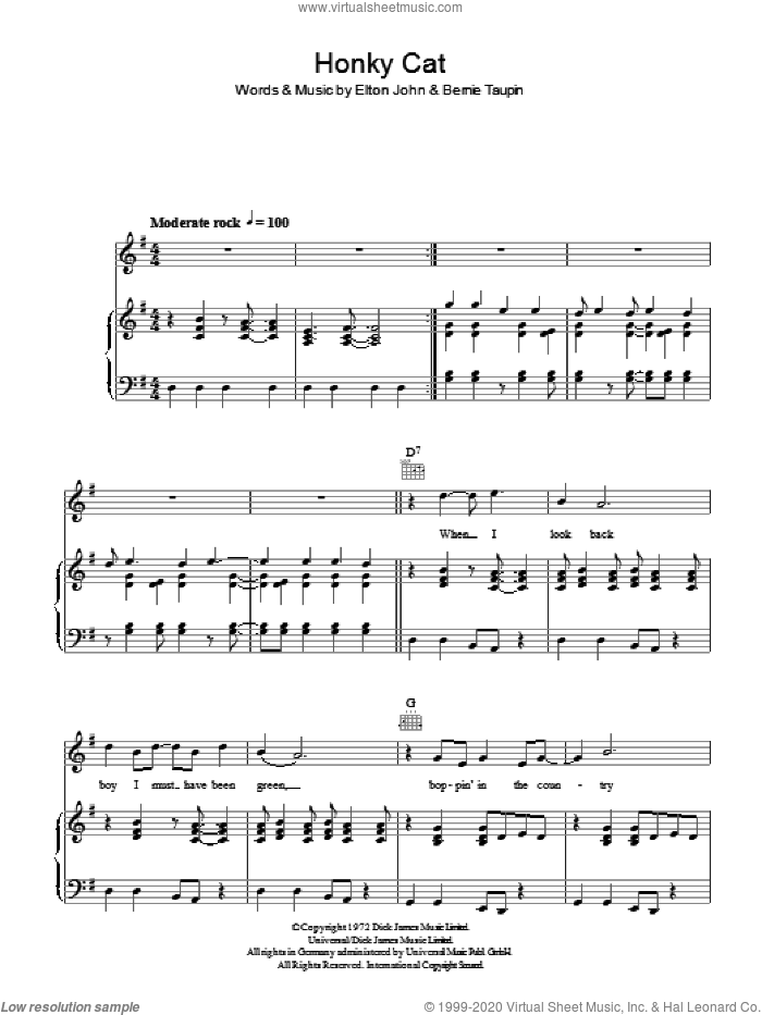 Honky Cat sheet music for voice, piano or guitar by Elton John and Bernie Taupin, intermediate skill level