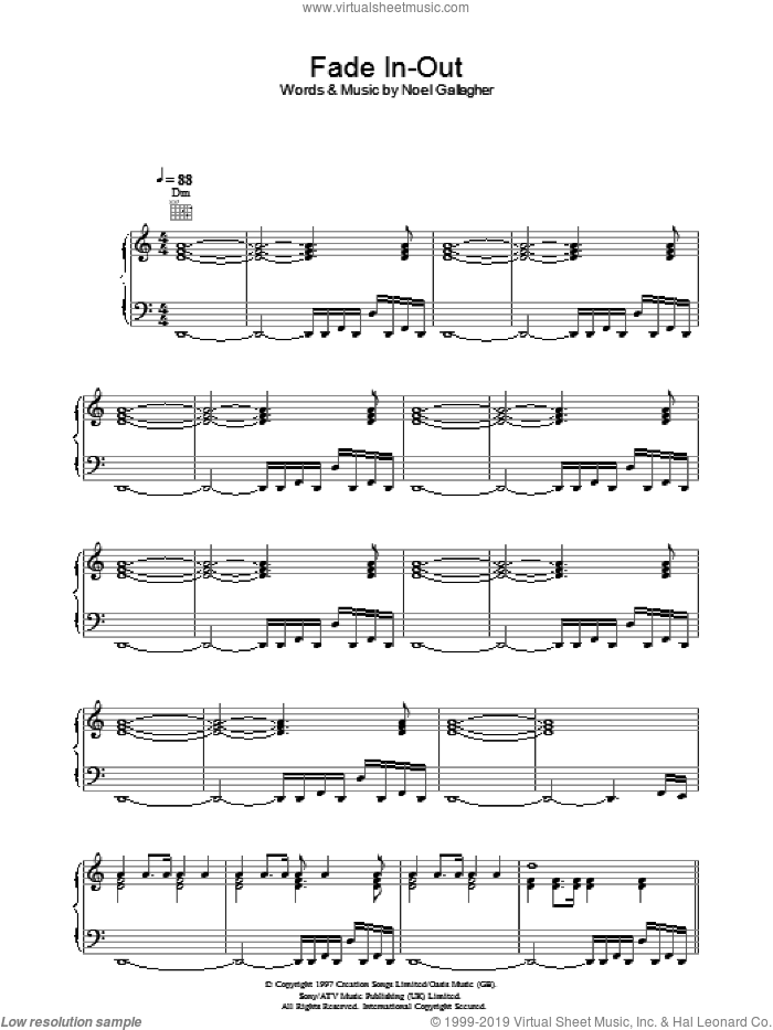 Fade In-Out sheet music for voice, piano or guitar by Oasis and Noel Gallagher, intermediate skill level