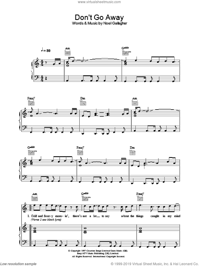 Don't Go Away sheet music for voice, piano or guitar by Oasis and Noel Gallagher, intermediate skill level