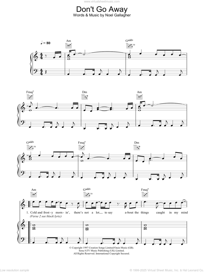 Don't Go Away sheet music for voice, piano or guitar by Oasis and Noel Gallagher, intermediate skill level