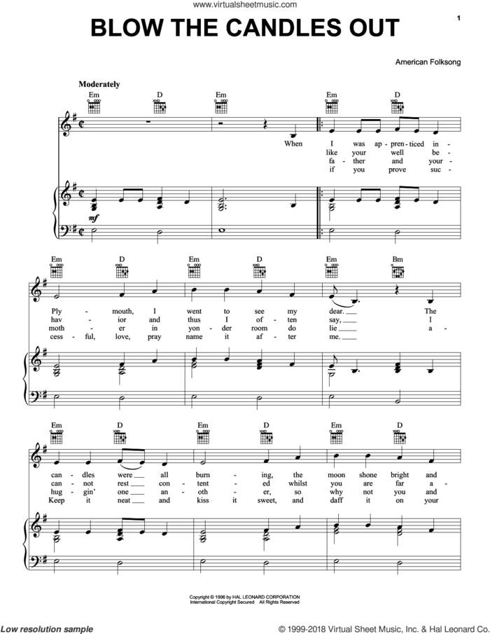 Blow The Candles Out sheet music for voice, piano or guitar by American Folksong, intermediate skill level