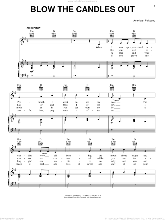 Blow The Candles Out sheet music for voice, piano or guitar by American Folksong, intermediate skill level