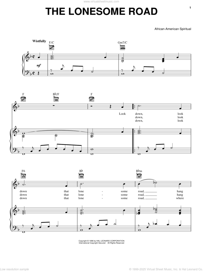 The Lonesome Road sheet music for voice, piano or guitar, intermediate skill level