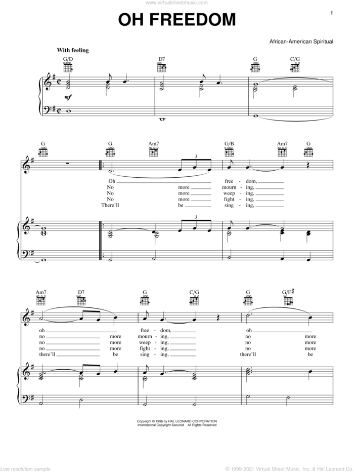 Oh Freedom sheet music for voice, piano or guitar, intermediate skill level