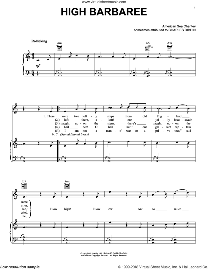 High Barbaree sheet music for voice, piano or guitar by Charles Dibdin, intermediate skill level