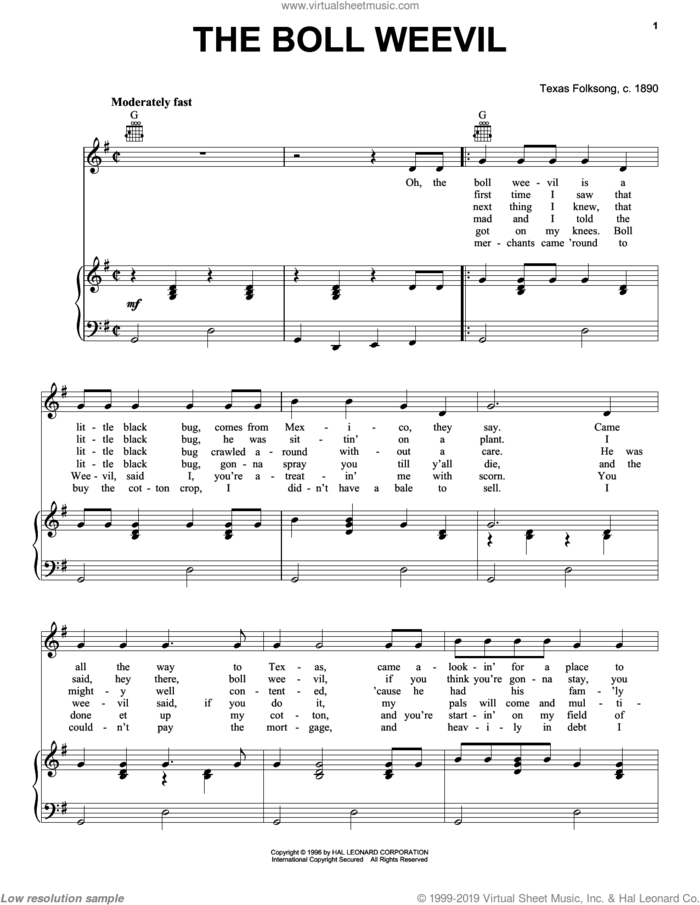 The Boll Weevil sheet music for voice, piano or guitar by Texas Folksong, intermediate skill level