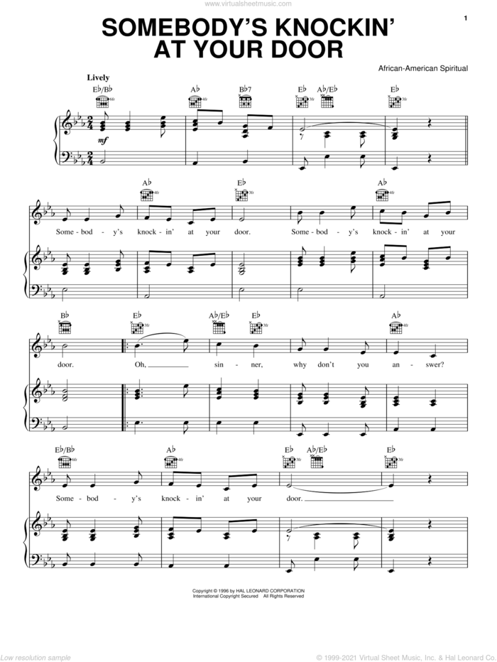 Somebody's Knockin' At Your Door sheet music for voice, piano or guitar, intermediate skill level