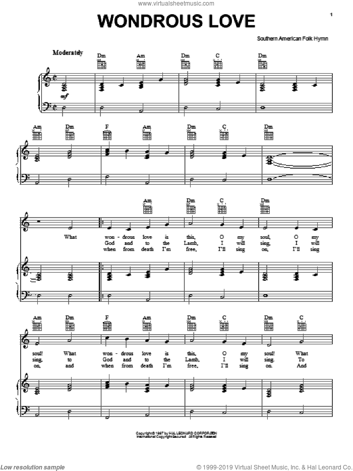 Wondrous Love sheet music for voice, piano or guitar, intermediate skill level