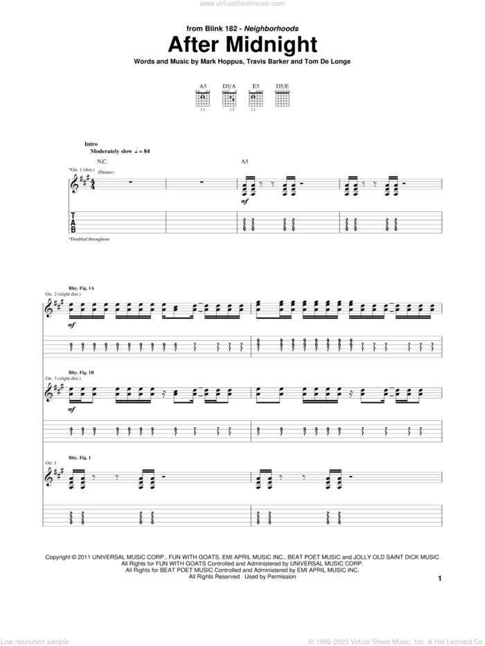 After Midnight sheet music for guitar (tablature) by Blink-182, Mark Hoppus, Tom DeLonge and Travis Barker, intermediate skill level