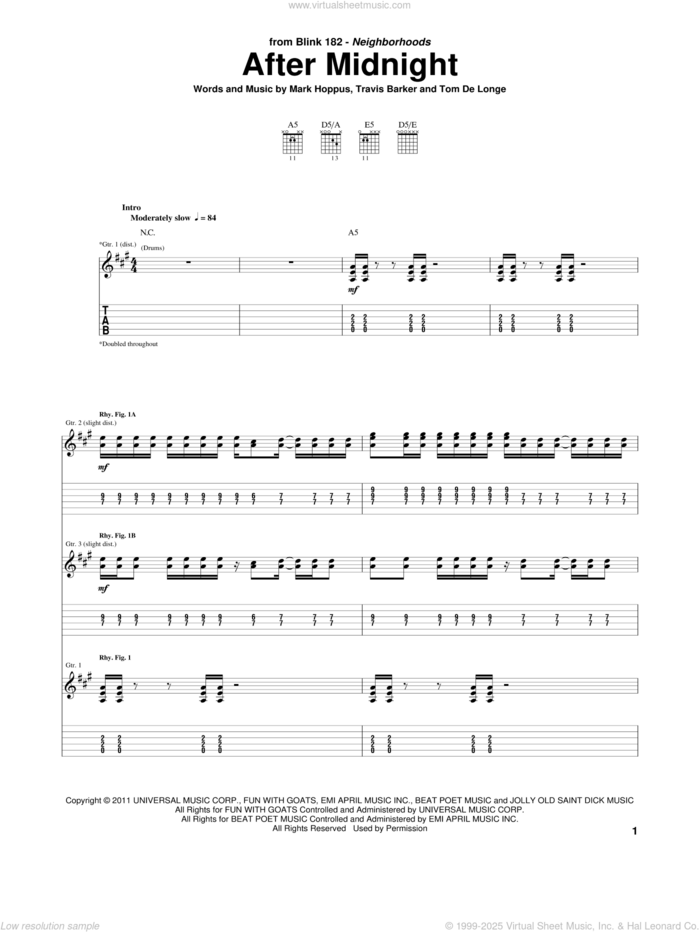 After Midnight sheet music for guitar (tablature) by Blink-182, Mark Hoppus, Tom DeLonge and Travis Barker, intermediate skill level