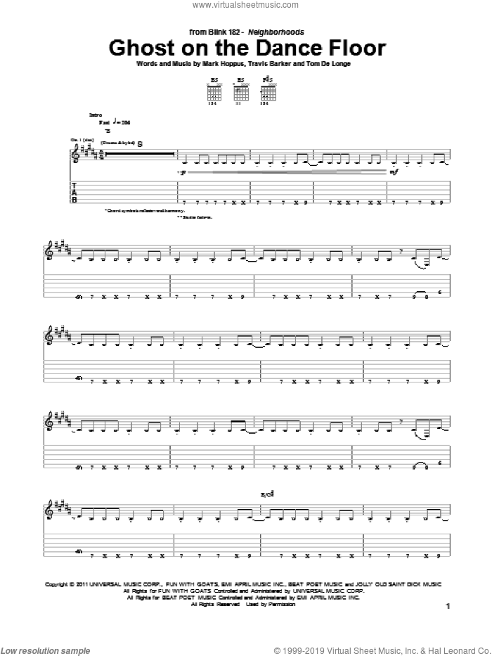 Ghost On The Dance Floor sheet music for guitar (tablature) by Blink-182, Mark Hoppus, Tom DeLonge and Travis Barker, intermediate skill level