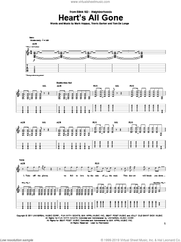 Heart's All Gone sheet music for guitar (tablature) by Blink-182, Mark Hoppus, Tom DeLonge and Travis Barker, intermediate skill level