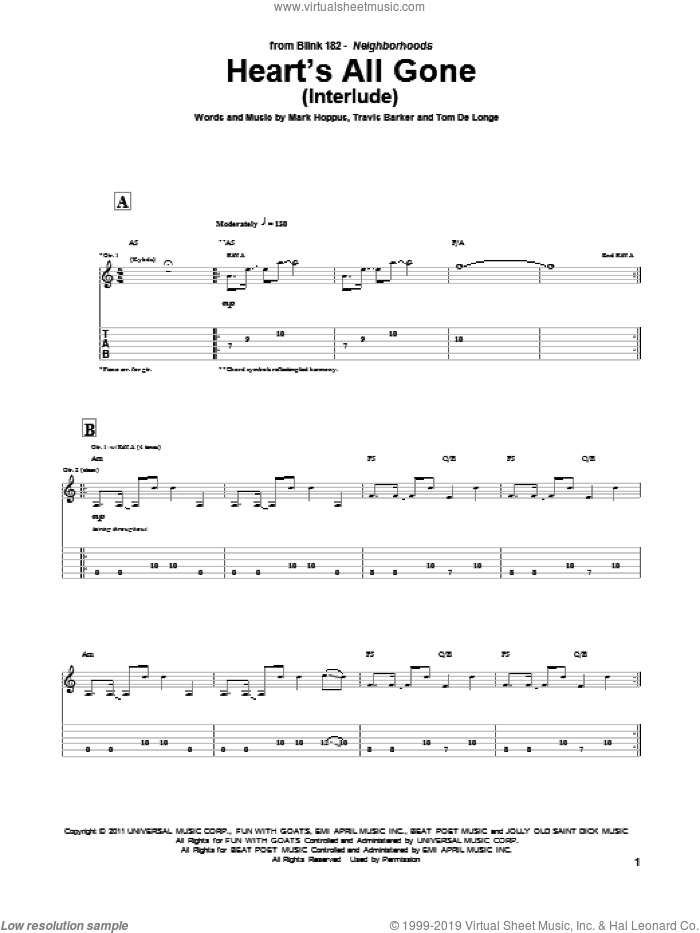 Heart's All Gone (Interlude) sheet music for guitar (tablature) by Blink-182, Mark Hoppus, Tom DeLonge and Travis Barker, intermediate skill level
