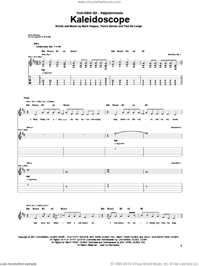 Kaleidoscope sheet music for guitar (tablature) by Blink-182, Mark Hoppus, Tom DeLonge and Travis Barker, intermediate skill level