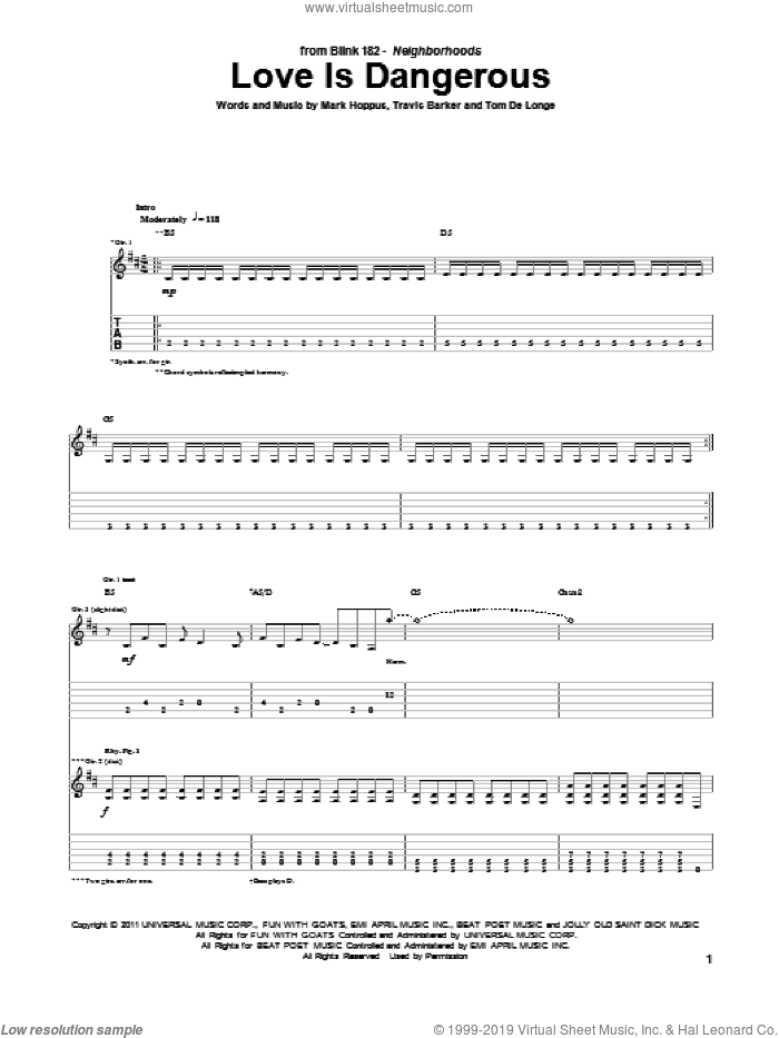 Love Is Dangerous sheet music for guitar (tablature) by Blink-182, Mark Hoppus, Tom DeLonge and Travis Barker, intermediate skill level