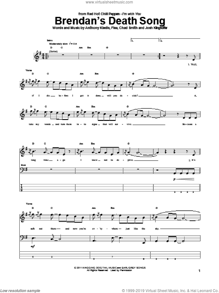 Brendan's Death Song sheet music for bass (tablature) (bass guitar) by Red Hot Chili Peppers, Anthony Kiedis, Chad Smith, Flea and Josh Klinghoffer, intermediate skill level