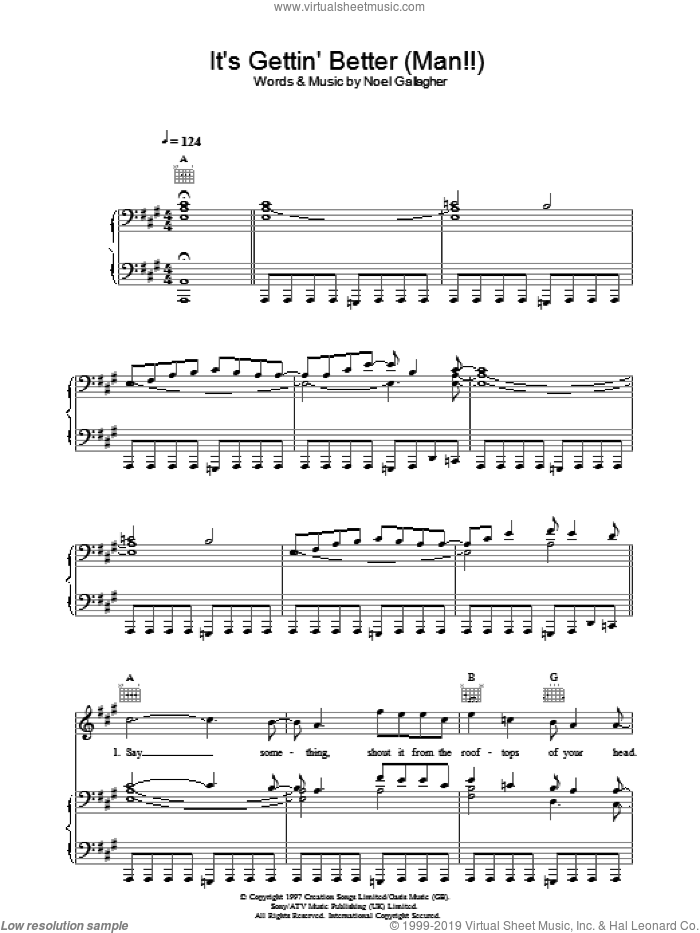 It's Gettin' Better (Man!!) sheet music for voice, piano or guitar by Oasis and Noel Gallagher, intermediate skill level