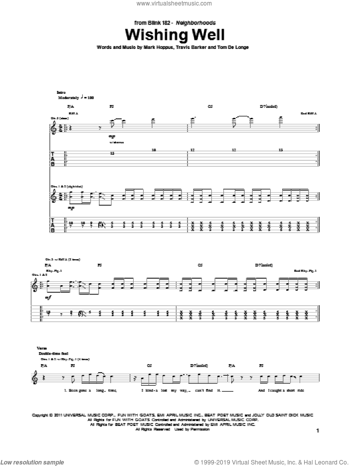 Wishing Well sheet music for guitar (tablature) by Blink-182, Mark Hoppus, Tom DeLonge and Travis Barker, intermediate skill level