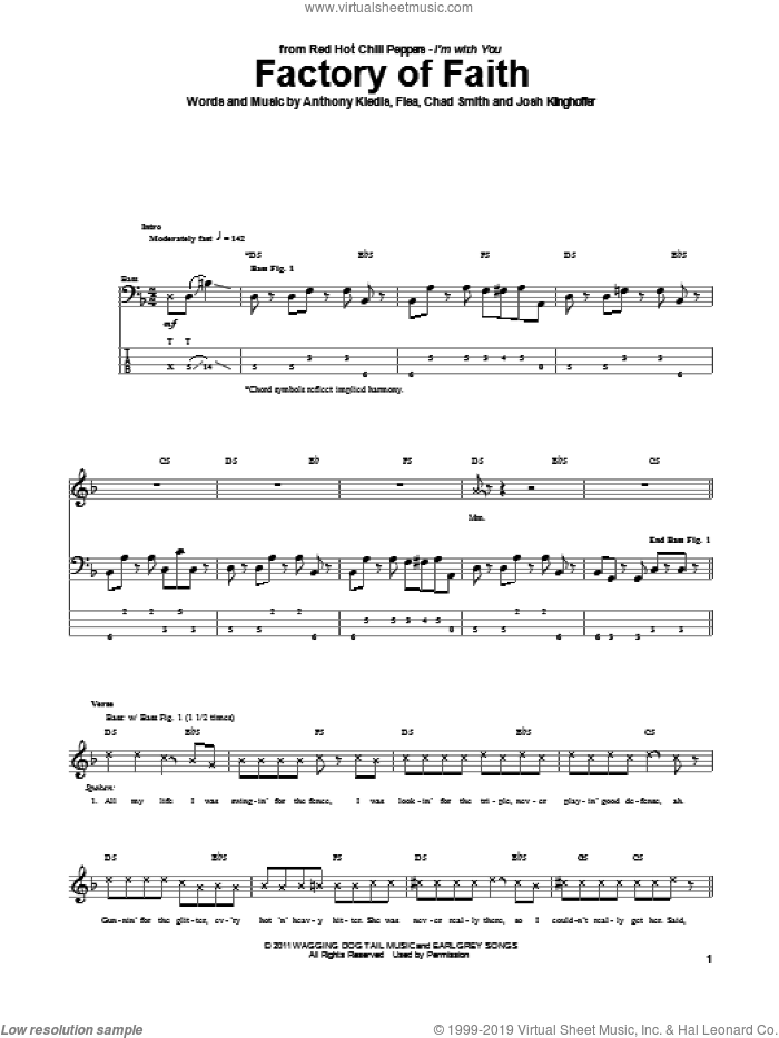Factory Of Faith sheet music for bass (tablature) (bass guitar) by Red Hot Chili Peppers, Anthony Kiedis, Chad Smith, Flea and Josh Klinghoffer, intermediate skill level